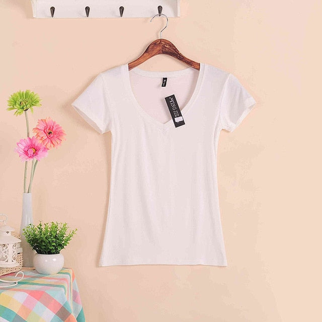 2019 Hot Sale Stretch Summer New Women T Shirts Ms Solid Color Short Sleeve tshirt Women's Fashion Cotton V-neck T-shirt W00622