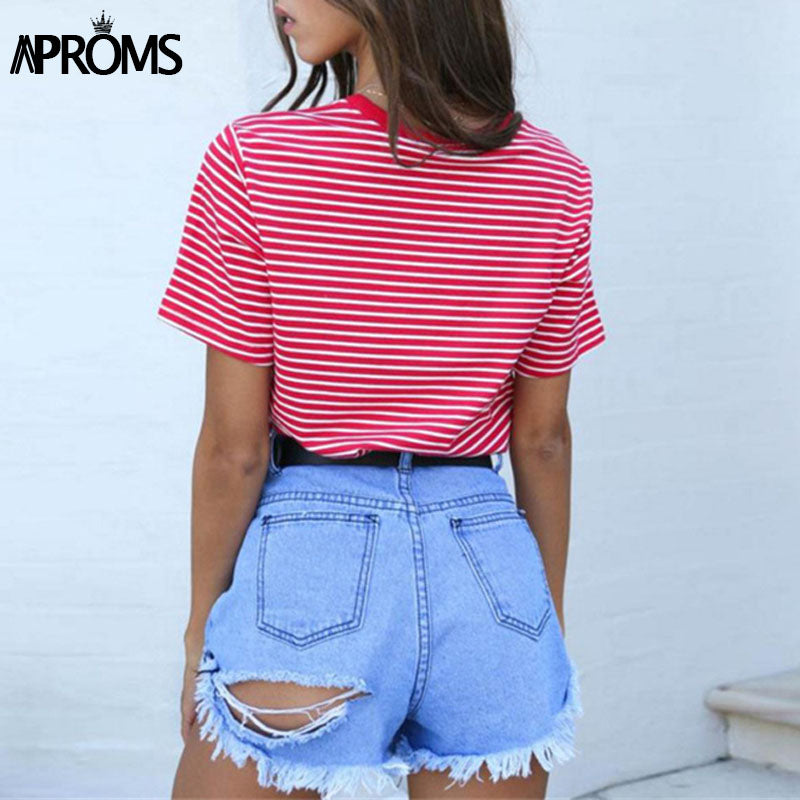 Aproms Retro Red White Stripe Tee Women Short Sleeve Basic T-shirt  Summer 2018 Casual Streetwear Boyfriend Tshirt 90s Baby Tops