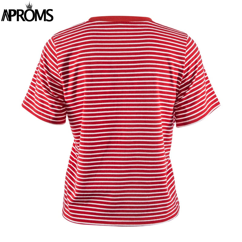 Aproms Retro Red White Stripe Tee Women Short Sleeve Basic T-shirt  Summer 2018 Casual Streetwear Boyfriend Tshirt 90s Baby Tops