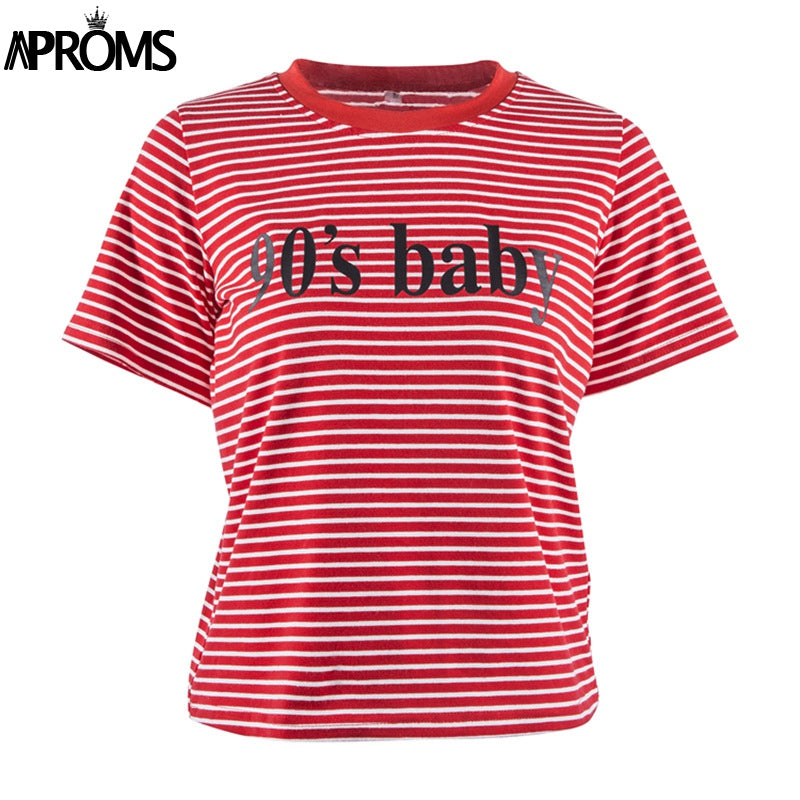 Aproms Retro Red White Stripe Tee Women Short Sleeve Basic T-shirt  Summer 2018 Casual Streetwear Boyfriend Tshirt 90s Baby Tops