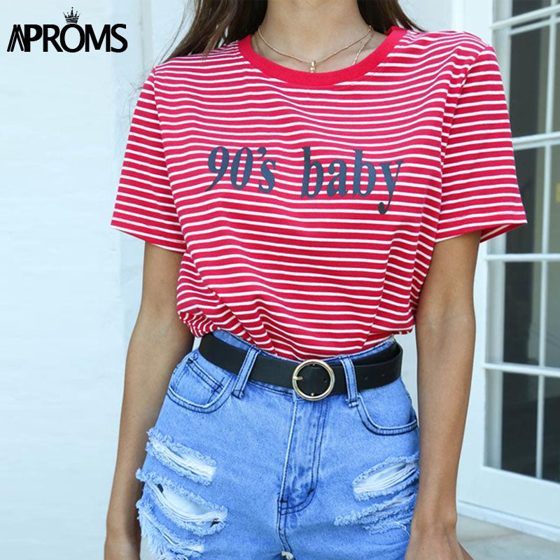 Aproms Retro Red White Stripe Tee Women Short Sleeve Basic T-shirt  Summer 2018 Casual Streetwear Boyfriend Tshirt 90s Baby Tops