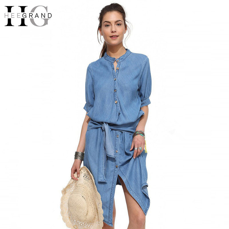 HEE GRAND 2017 Jeans Solid Casual Summer Dress Women Asymmetrical Sashes Half Sleeve Medium Length Preppy Style Dress WQL4664