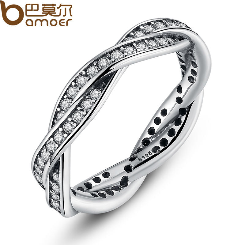 BAMOER 8 STYLE BRAIDED PAVE ,LEAVES My Princess Queen Crown SILVER RING Twist Of Fate Stackable Ring Jewelry for Women Party