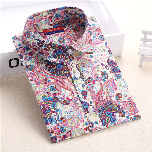 Dioufond New Floral Long Sleeve Vintage Blouse Cherry Turn Down Collar Shirt Blusas Feminino Ladies Blouses Womens  Tops Fashion