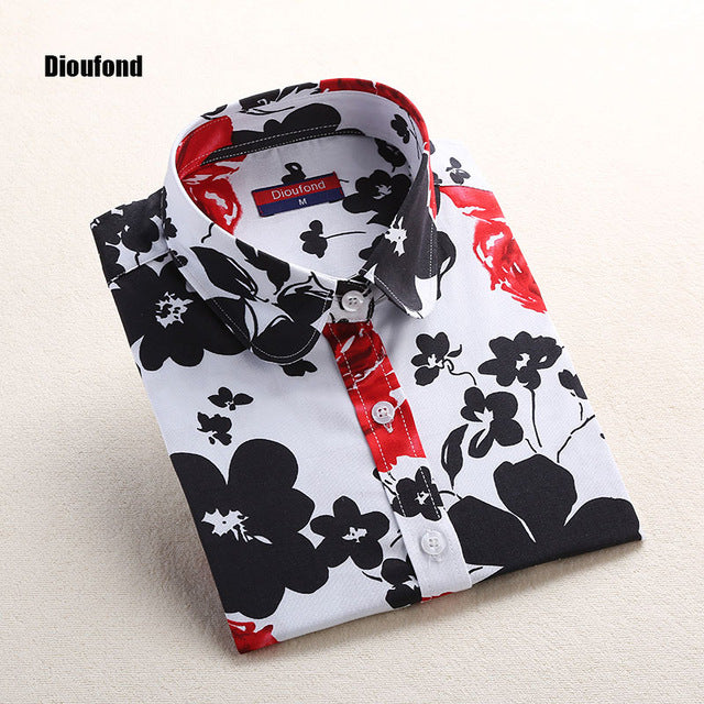 Dioufond Red Rose Shirt Print Women 2017 New Spring Cotton Long Sleeve Women Blouses Fashion Tops Blusas Femininas Plus Size