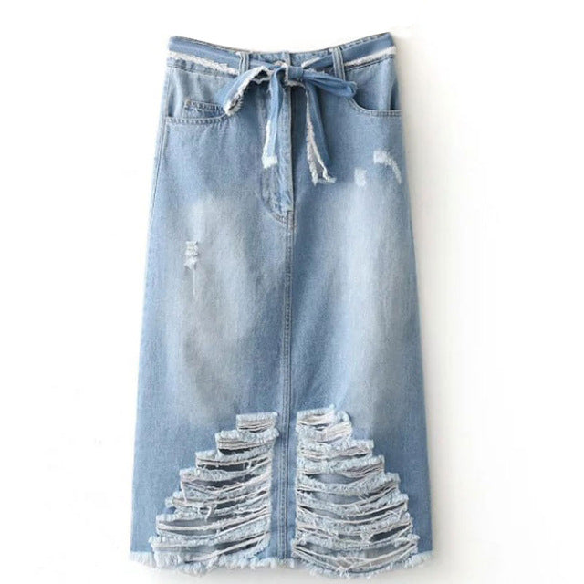 HEE GRAND Women Denim Skirt Fashion A-Line Solid Jeans Skirts Women For Autumn High Waist Casual Skirt With Holes WQB863