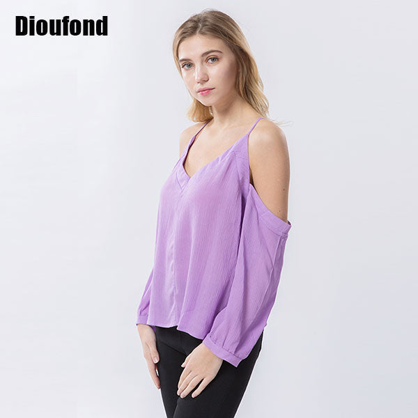 Dioufond 2017 Summer T shirt Women Off Shoulder V-neck T-shirts Crinkle White Tops Casual Split Spaghetti Strap Tshirt