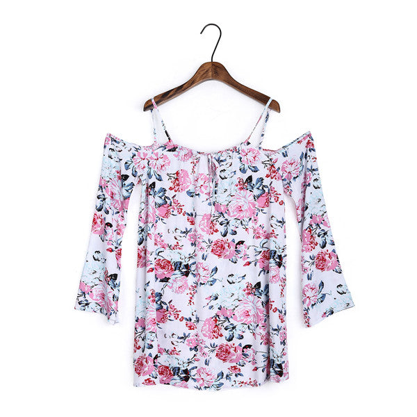 Dioufond Off The Shoulder Flare Sleeve Floral Blouse Print Casual Spring Summer Beach Loose Blouse and Long Tops Plus Size 2017