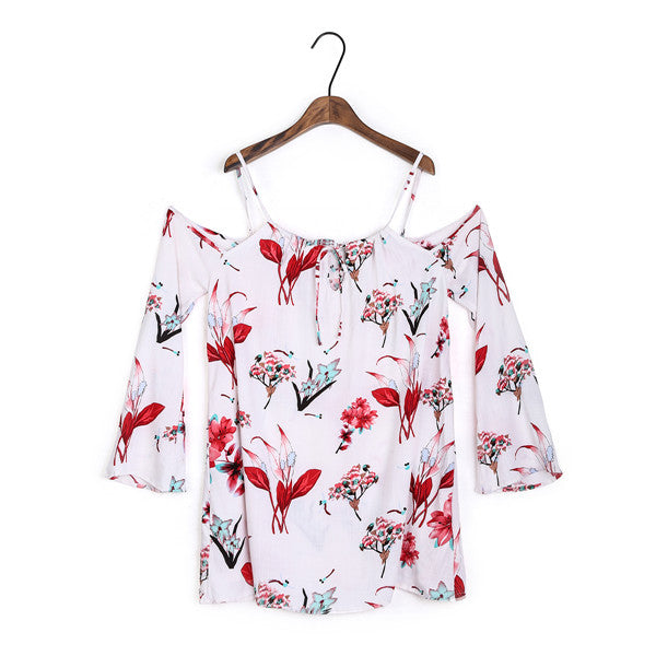 Dioufond Off The Shoulder Flare Sleeve Floral Blouse Print Casual Spring Summer Beach Loose Blouse and Long Tops Plus Size 2017