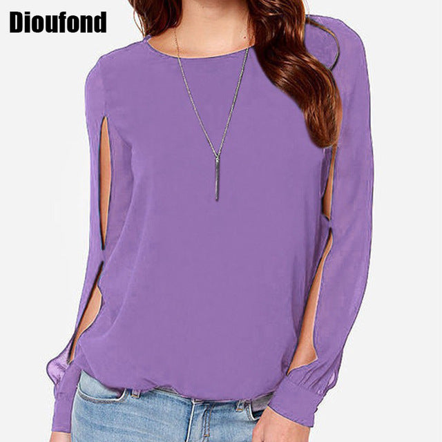 Dioufond Chiffon Spring Long Sleeve Tops Women Blouses O-neck new Fashion blouses Plus Size Slim Hollow Out Solid Blouse Women