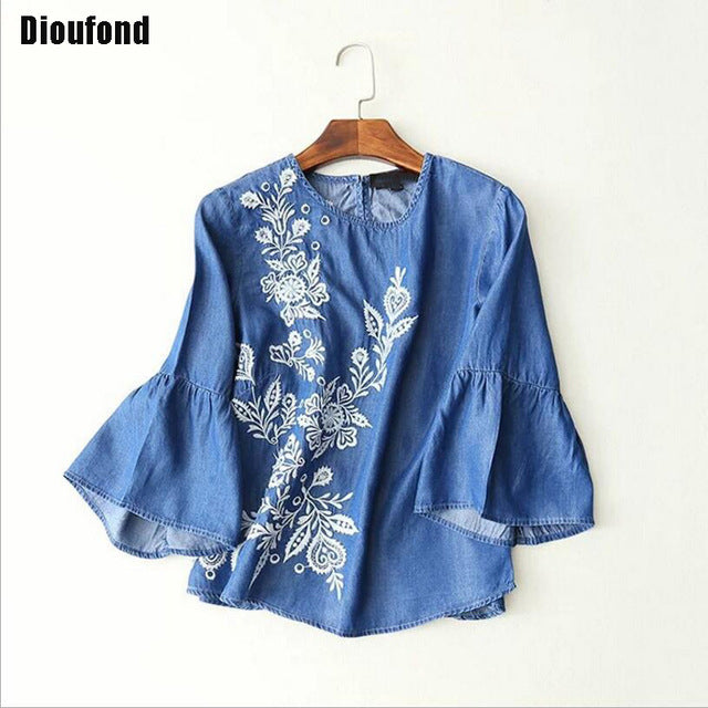 Dioufond Cotton Women Blouses 2017 new fashion Floral Embroiedery Shirt women Half Flare Sleeve camisas femininas women tops