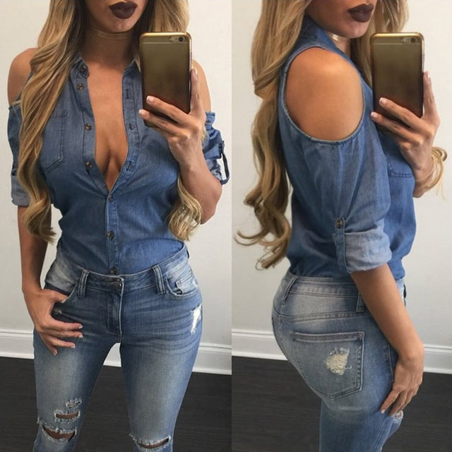 Celmia 2017 Women Spring Denim Blouse Sexy Off Shoulder Turn Down Collar Long Sleeve Blue Jeans Tops Tees Sexy Plus Size Blusas