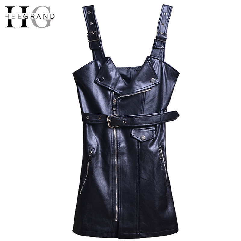 HEE GRAND 2017 Fashion Cool PU Leather Dress Zipper Tank Casual Mini Dress Solid Black Blue Jean Demin Short Dress Sashes WQD749