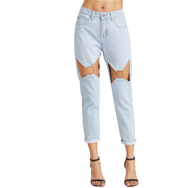 SheIn Boyfriend Jeans for Women Low Waist Womens Bleached Jeans Blue Bleach Wash Cut Out O Ring Detail Straight Jeans