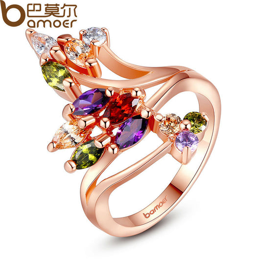 BAMOER High Quality  Gold Color Finger Ring for Women Party with AAA Colorful Cubic Zircon Famous Brand Jewelry JIR048