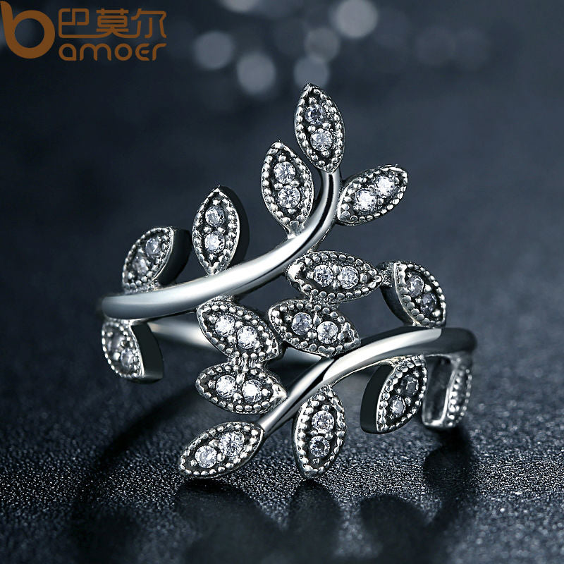 Silver Color Sparkling LEAVES SILVER RING WITH CUBIC ZIRCONIA for Women Jewelry PA7206