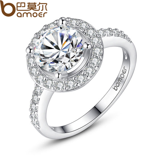 BAMOER White Gold Color Ring With Carat Zircon 1CM Luxury Wedding Ring for Women Wholesale YIR033