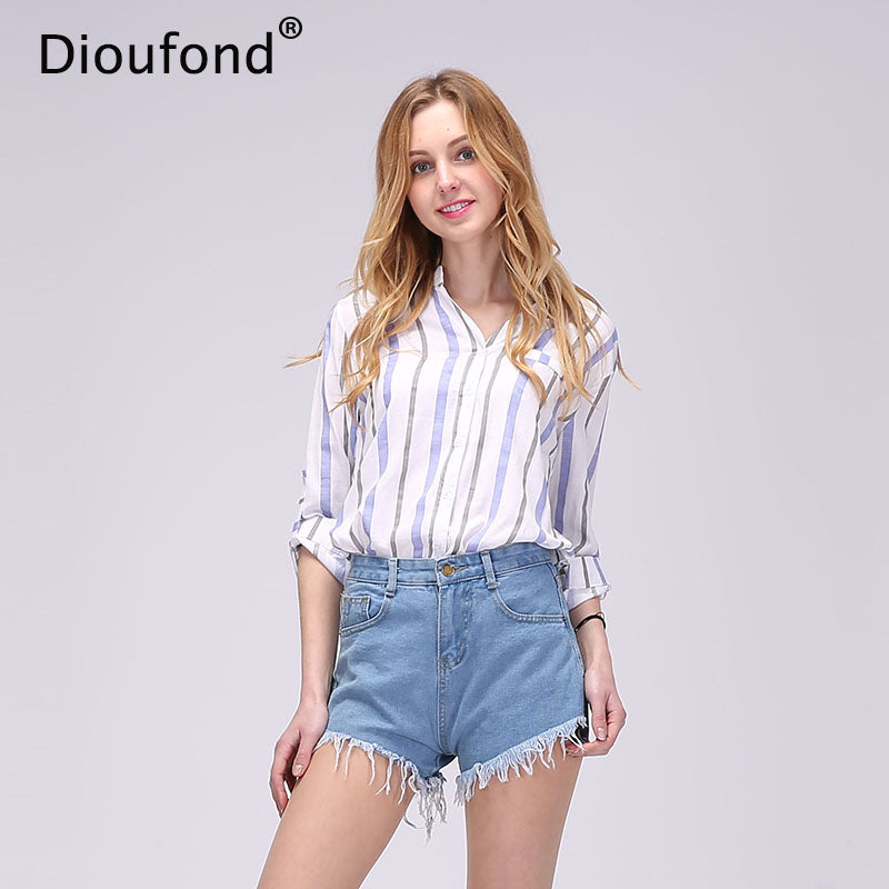 Dioufond Chiffon Red Female Blouse Shirt Causal Summer 2017 Girls White Blouse Women Striped Shirt Blusas Cute Loose Shirts Tops