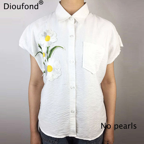 Dioufond Short Sleeve Blouse Summer Floral Appliques Shirts Women White Blouse Shirt Turn-down Collar Blouses New Blusas 2017