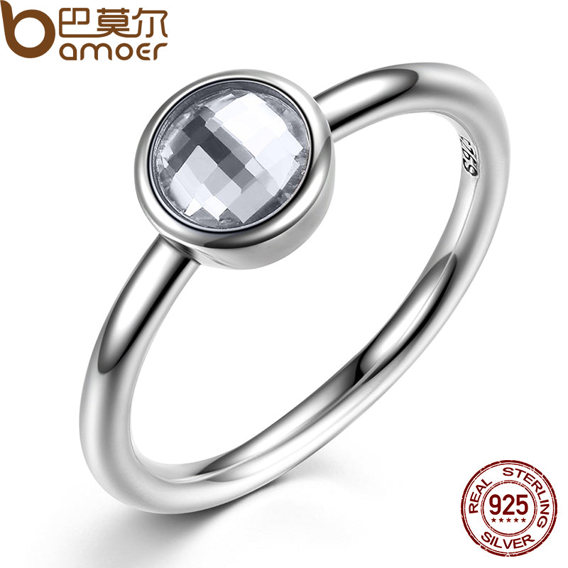 BAMOER Elegant Glass 925 Sterling Silver Rings Poetic Droplet Clear CZ Finger Ring for Women Fashion Wedding Jewelry PA7186