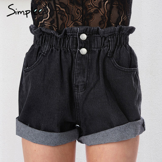 Simplee High waist black hemming denim shorts Women button white summer beach 2017 casual shorts Pocket blue jeans shorts female