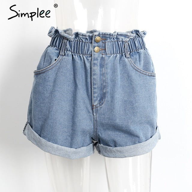 Simplee High waist black hemming denim shorts Women button white summer beach 2017 casual shorts Pocket blue jeans shorts female