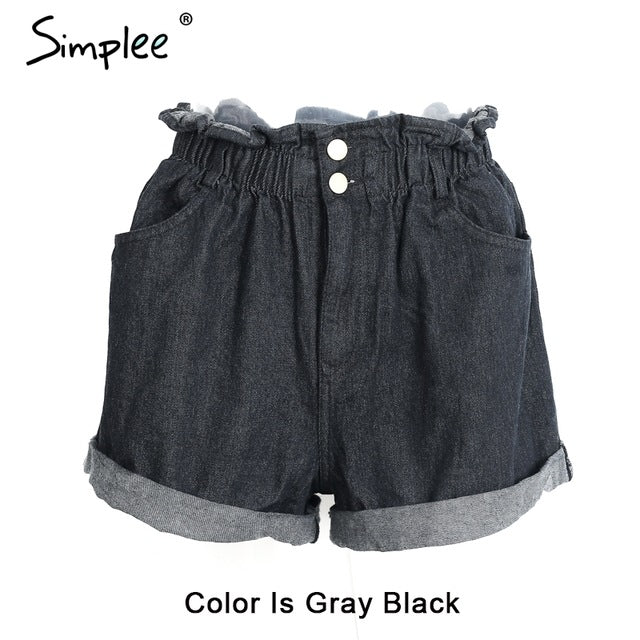 Simplee High waist black hemming denim shorts Women button white summer beach 2017 casual shorts Pocket blue jeans shorts female