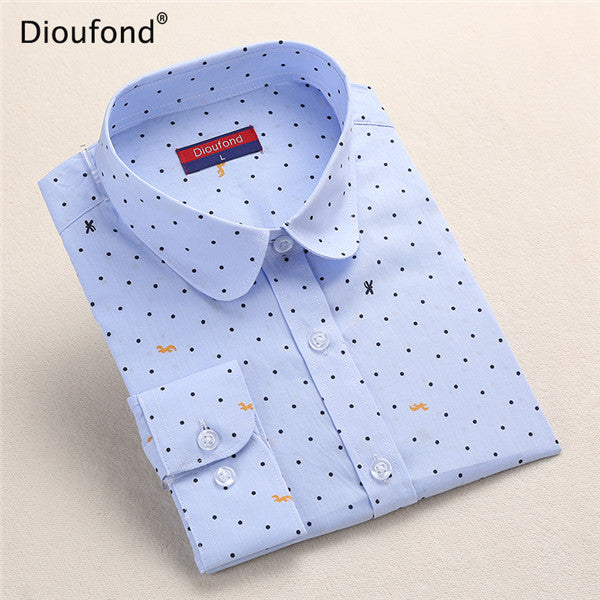 Dioufond Polka Dot Printed Blouse Shirt Women Long Sleeve Cotton Work Wear Blouses White Print Blusa Feminina Navy Top 2017