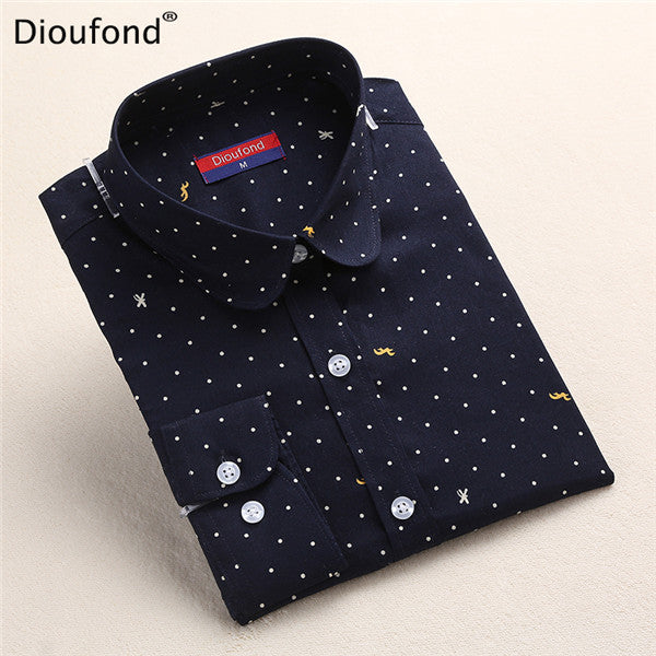 Dioufond Polka Dot Printed Blouse Shirt Women Long Sleeve Cotton Work Wear Blouses White Print Blusa Feminina Navy Top 2017