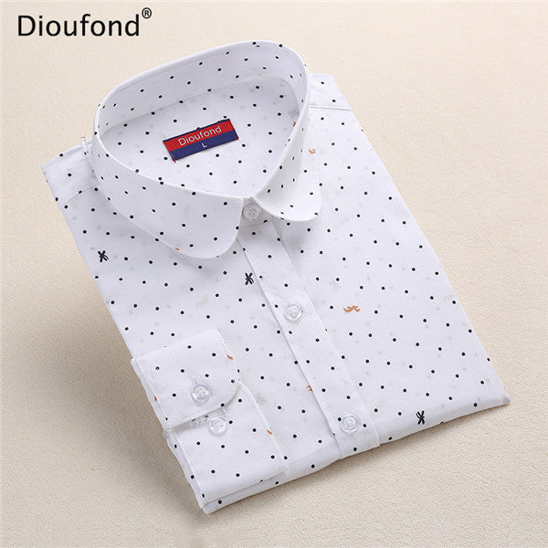 Dioufond Polka Dot Printed Blouse Shirt Women Long Sleeve Cotton Work Wear Blouses White Print Blusa Feminina Navy Top 2017