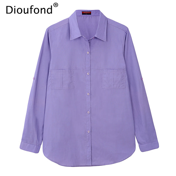 Dioufond Autumn White Blouse Shirt Long Sleeve Solid Cotton Shirt Women Tops Pockets Casual Camisa Feminina S-3XL 2017