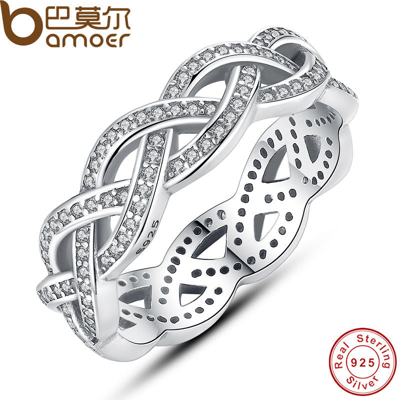 BAMOER Authentic 925 Sterling Silver Sparkling BRAIDED Pave RING for Women Wedding Luxury Exaggerated Big Twisted Jewelry PA7111