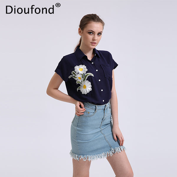 Dioufond Short Sleeve Blouse Summer Floral Appliques Shirts Women White Blouse Shirt Turn-down Collar Blouses New Blusas 2017