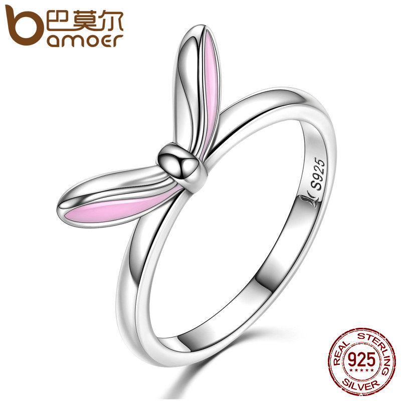 BAMOER Authentic 925 Sterling Silver Sweet Pink Enamel Rabbit Ears Finger Rings For Women Fashion Sterling Silver Jewelry SCR058