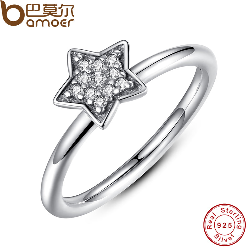 BAMOER Authentic 100% 925 Sterling Silver Crystals Simple Star Clear CZ Fashion Jewelry Christmas Gift PA7127