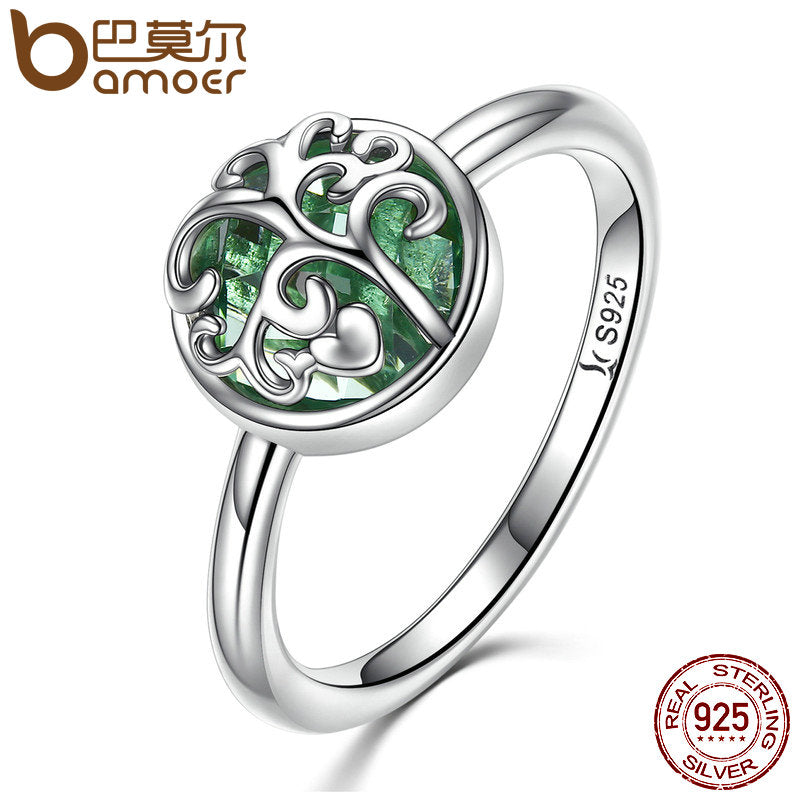 BAMOER Real 925 Sterling Silver Tree of Life Finger Ring Crystal Leaf Rings For Women Sterling Silver Fine Jewelry S925 SCR053