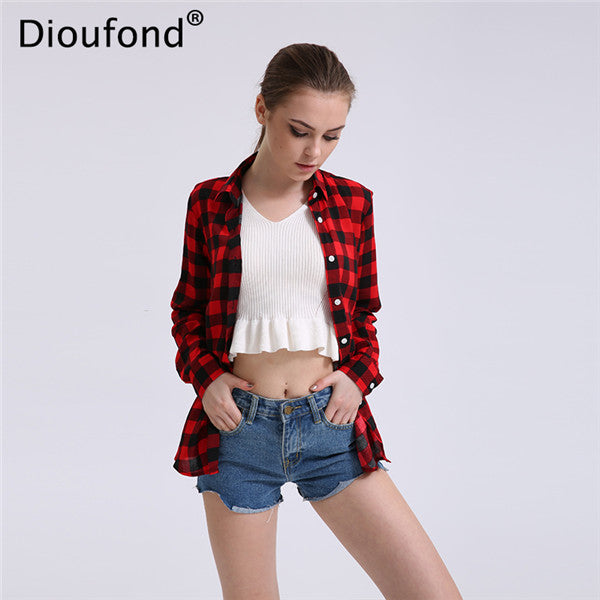 Dioufond Casual Plaid Women Blouses Red Black Check Boyfriend Style Long Sleeve Shirts Loose Camisa Tops Autumn  Plus Size 2017