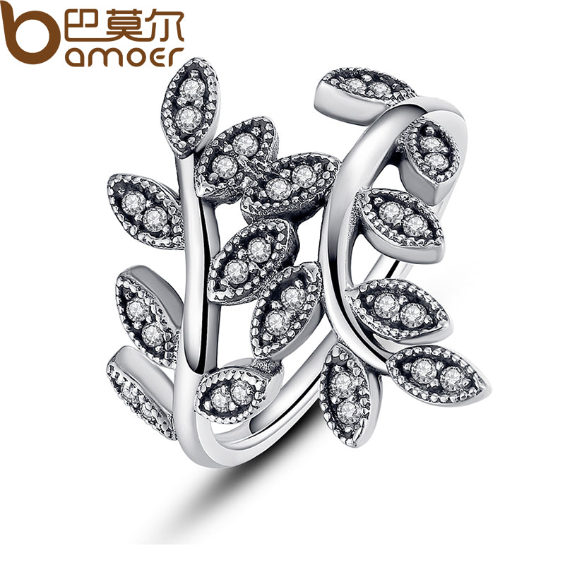 BAMOER 925 Sterling Silver Sparkling LEAVES SILVER RING WITH CUBIC ZIRCONIA for Women Original Jewelry PA7114