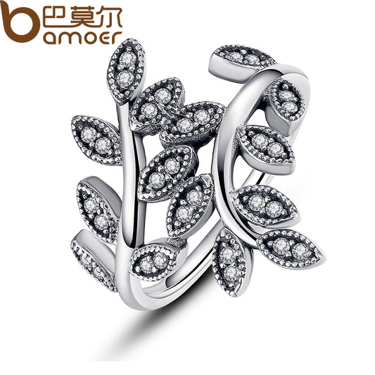 BAMOER 925 Sterling Silver Sparkling LEAVES SILVER RING WITH CUBIC ZIRCONIA for Women Original Jewelry PA7114