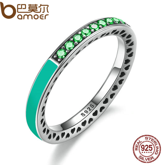 BAMOER 925 Sterling Silver Radiant Hearts Bright Mint Enamel & Royal Green Crystals Women Ring Engagement Jewelry PA7619