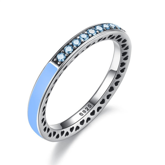 BAMOER 925 Sterling Silver Radiant Hearts Air Blue Enamel & Sky Blue Synthetic Spinel Women Ring Silver Jewelry PA7620