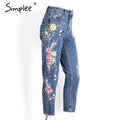 Simplee Flower embroidery jeans female High waist birds zipper straight denim pants jeans Women 2017 pocket blue trousers jeans