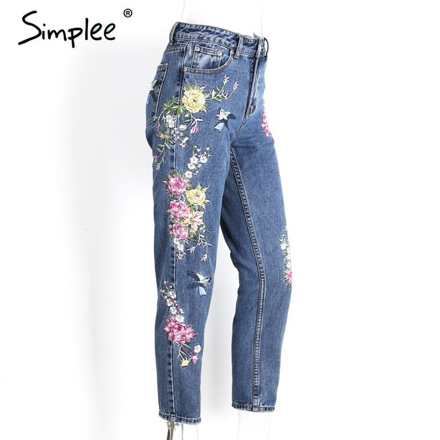 Simplee Flower embroidery jeans female High waist birds zipper straight denim pants jeans Women 2017 pocket blue trousers jeans