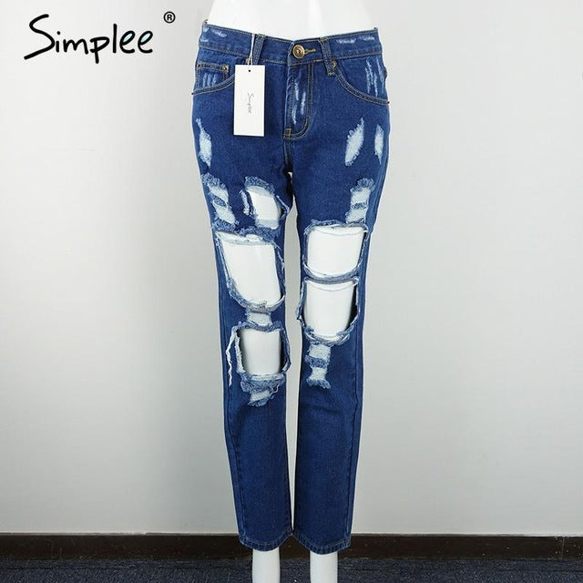 Simplee Apparel Boyfriend hole ripped jeans women pants Cool denim vintage straight jeans for girl Mid waist casual pants female