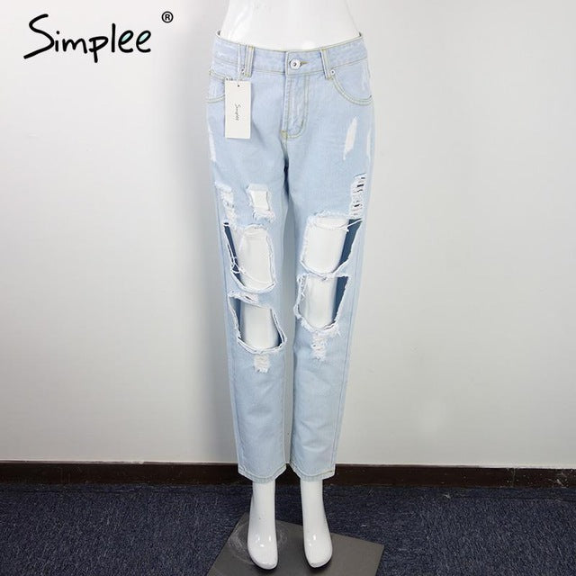 Simplee Apparel Boyfriend hole ripped jeans women pants Cool denim vintage straight jeans for girl Mid waist casual pants female