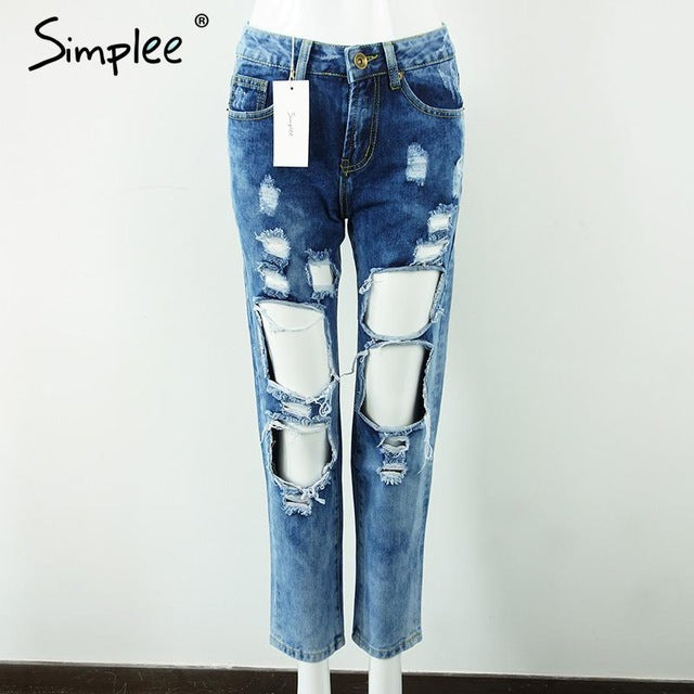 Simplee Apparel Boyfriend hole ripped jeans women pants Cool denim vintage straight jeans for girl Mid waist casual pants female