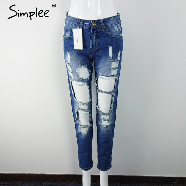 Simplee Apparel Boyfriend hole ripped jeans women pants Cool denim vintage straight jeans for girl Mid waist casual pants female