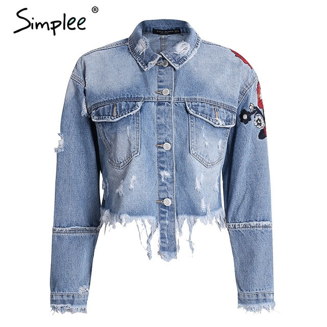 Simplee Flower embroidery denim jacket coat women Vintage autumn winter basic jackets 2017 Casual ripped jean jacket outerwear