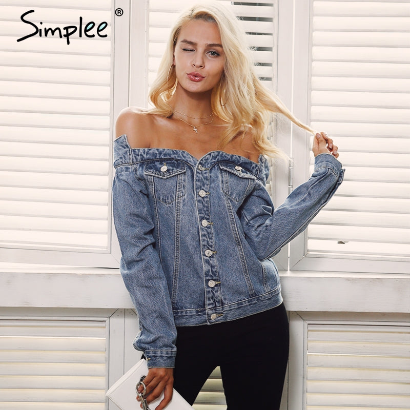 Simplee Sexy off shoulder denim jacket coat Women autumn casual slash neck jeans outerwear coat Female winter basic jackets