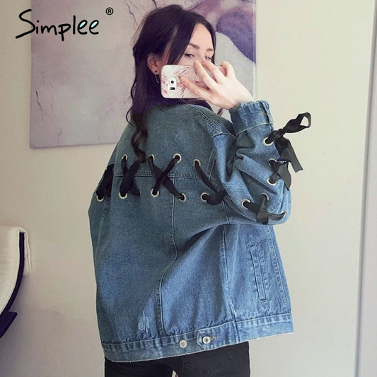 Simplee Lace up denim jacket coat women 2017 autumn winter Vintage button basic jacket Loose cross pocket jean jacket outerwear